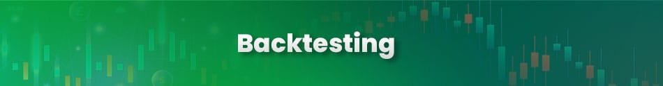 Backtesting banner with green background and candlestick chart overlay, symbolizing market analysis.