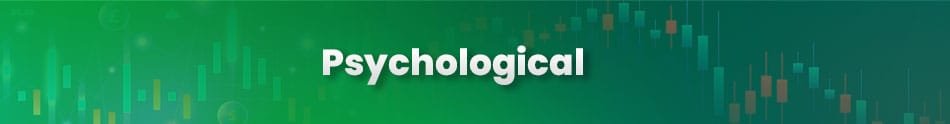Psychological banner with green background and candlestick chart overlay, symbolizing market analysis.