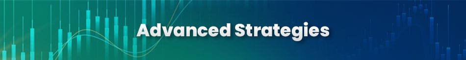Stylized banner with the text 'Advanced Strategies' displayed over a trading chart background featuring candlesticks and trend lines.